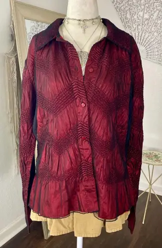 Coldwater Creek Whimsygoth Romantic Burgundy Black Crinkle Frilly Ruffle Button Up Mesh Blouse L - Image 1