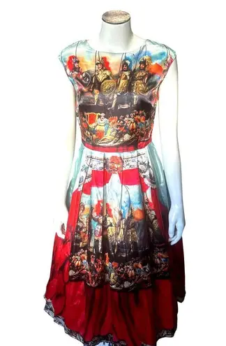CCC Silk Cotton Medium Knights Scene Print Fit And Flare Midi Dress Italian Art Red