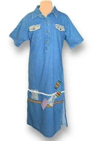 Vintage Denim Dress Button Front Medium Wash Short Sleeve Custom Lace OOAK Blue Size L