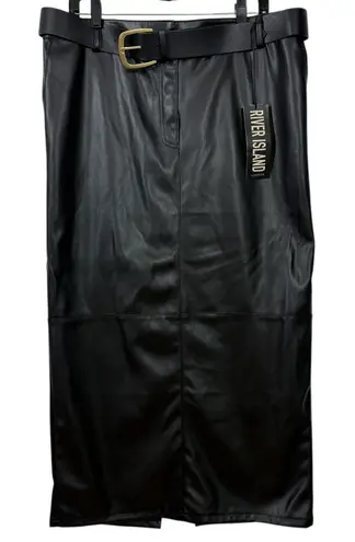 River Island Black Faux Leather Belted Midi Skirt Women's US 14 L