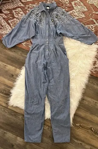 Vintage Chambray Squiggle Embellished Coverall Jumpsuit Blue Size 12