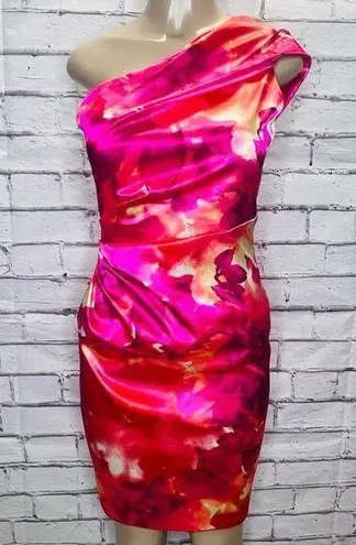 David Meister  Women's Fuchsia Watercolor One-Shoulder Draped Dress Size 6