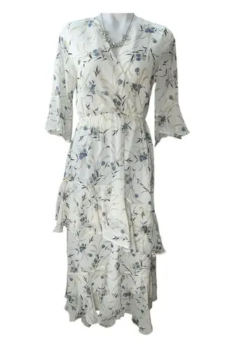 XINOU Womens Dresses White Floral Maxi Dress V Neck High Waist Chiffon size M. Size M