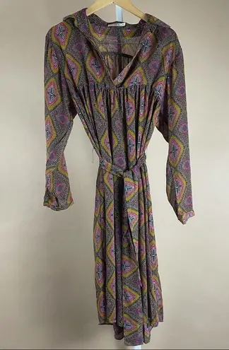 Hazel Large Boho Aztec Flowy Loose Dress Pleat V Neck Swim Cover Vacation Summer Brown