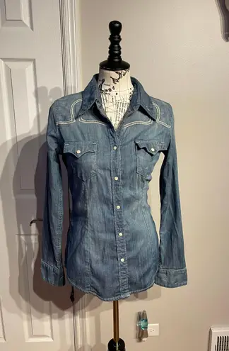 True Religion Vintage Y2k Western Cowgirl Chambray Jean shirt raw distressed Embroidered Fit Flare casual Dress