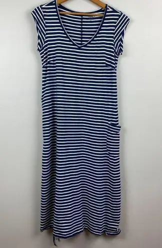 Toad & Co Muse Dress S Midi Stripe Navy Blue White Scrunch Ruche Tie Side V-Neck