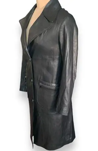 L’Univers Du Luxe Black Leather Longline Trench Coat Zipper Pockets Button Down Black