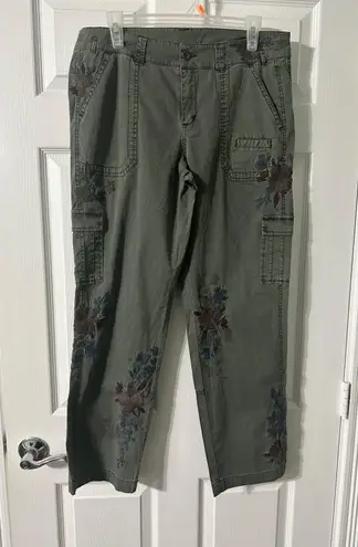 Sundance Bloom Embroidered Cargo Pants size 12 Flowers Army Green Boho Hippy