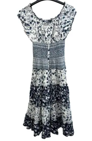 Mlle Gabrielle Mixed floral print boho smocked shirred midi maxi patchwork navy white dress