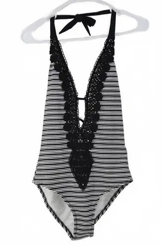 Mossimo Crochet Trim Black White Stripe Halter Plunge One Piece Swimsuit Small