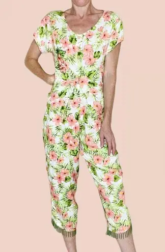 First Vision By Shirin Vintage First Vision Green & Pink Hibiscus Floral Tropical Sequin Pant Shirt Set