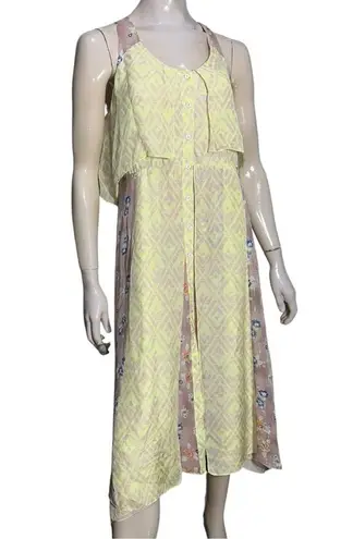 Rebecca Taylor Sz 6 8 Pale Yellow Floral Print Silk Chiffon Open Back Midi Dress