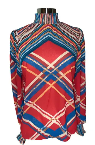 A. Calin by Flying Tomato blouse ruffled neckline/wrists stripes Sz Small NWOT