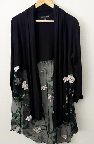 KIM & CAMI | Black Floral Print Open Front Drape Cardigan Sheer White | Large