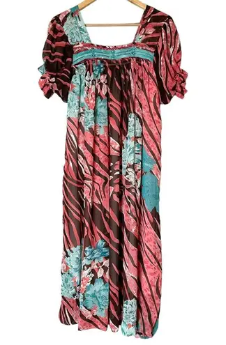 Handmade Muumuu Dress Zebra Tiger Stripes Puffed Sleeve Midi Embellished Pink Size M