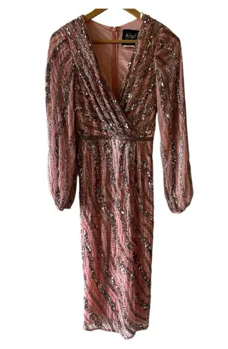Mac Duggal Pink Embellished Long Sleeve Midi Dress