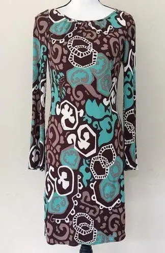 Milly Bergdorf Goodman Silk Bell Sleeves Brown Green Dress Women's Size S