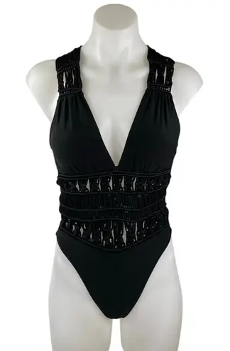 Ramy Brook Chiara Black Sleeveless Crochet V-neck Strappy One Piece Swimsuit XS