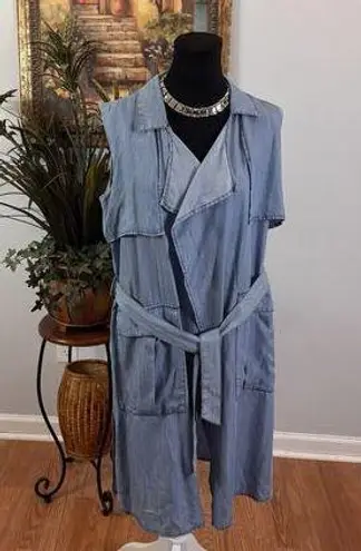 Mossimo Women's M Trafaluc chambray Longline Jacket Notched Lapel Belted open Blue Size M