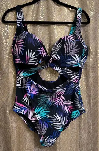 Swimsuits For All Black Pink Blue Tropical Leaf Print One Piece Monokini Size 14 - Image 1
