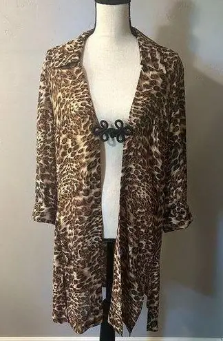 Studio I Leopard Print Coverup Cardigan Kimono Size 16 Semi Sheer Swimsuit Cover Black