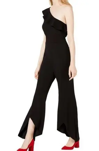 Bar III  Midnight Bloom One Shoulder Ruffle Trim Slit Flare Jumpsuit - Image 1