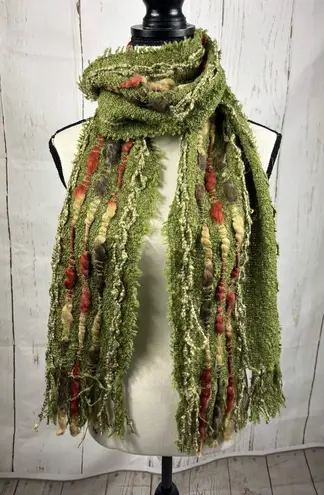 NWT Noelle Scarf Boucle Fuzzy Fringe Green with Multicolored Details Wool Blend