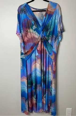 Soft Surroundings Anya Blue Tropical Palm Tree Leaves Twist Front Maxi Dress 3X