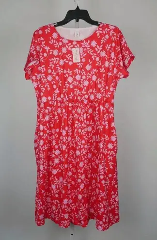 Daisy Pink  Women's Red Floral Pocket Scoop Neck Short Sleeve Dress XL