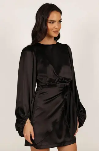 Petal and Pup  Opal Black Satin Long Balloon Sleeve Wrap Mini Dress 14