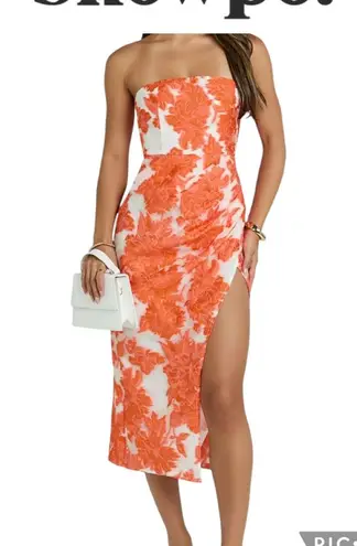 Showpo jacquard strapless cocktail midi dress orange white size 8 NWT $100