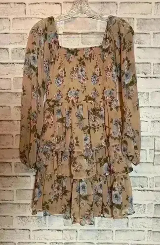 Madden NYC Beige & Blue Floral Long Sleeve Tiered Mini Dress Size S