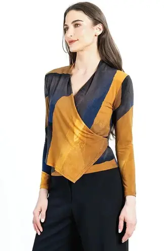 NWT Clara Sunwoo Long Sleeve Crossover Faux Wrap Top Tan Watercolor Gold XL (16)