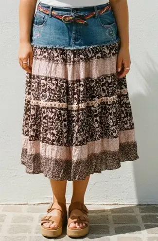 Squeeze Vintage 90s Mixed Media Denim Jean Flowy Midi Skirt Blue Size undefined