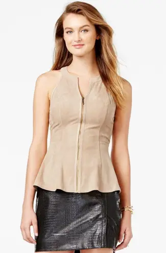 Guess 90's Vibes Tan Beige Faux-Suede V Neck Zip Front Peplum Tank Top