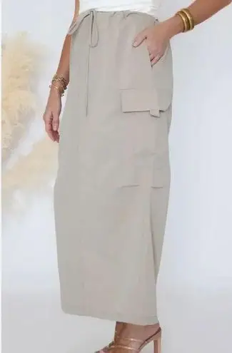 EMERSON LANG | NWT Gray Silver Cargo Pocket Skirt Silky Maxi Drawstring | XL