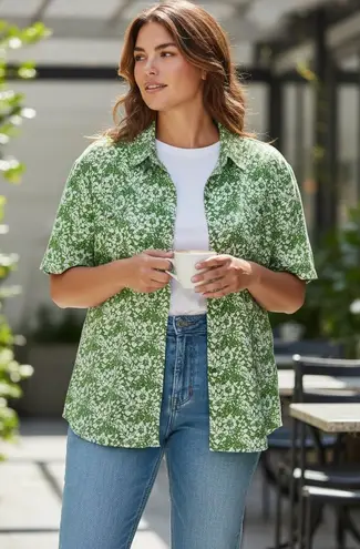 Liz Claiborne  Womens 3X Green Floral Linen Short Sleeve Button Up Shirt - Image 1