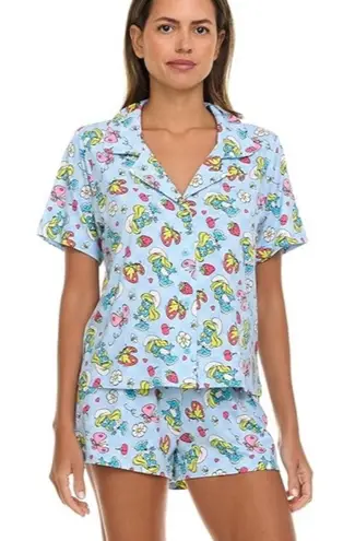The Smurfs Pajama Set Sz M Soft Stretchy Shorts n Short Sleeve Button Down Top Blue Size M