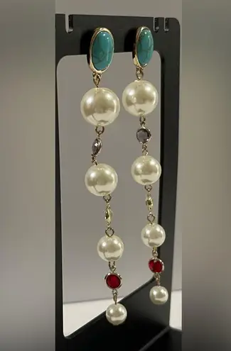 NWT ANNA & AVA by Brooke Webb Turquoise &Pearl Dangle Earrings with Red Accents White