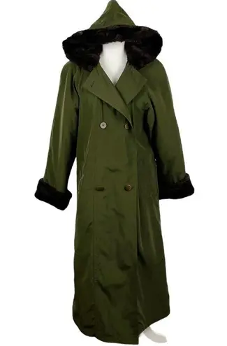 Larry Levine VTG Double Breasted Maxi Long Trench Coat Green Hooded faux Fur M