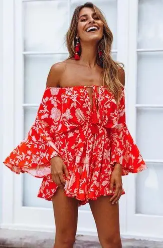 Hello Molly  M Red Floral Flare Sleeve Romper Jumpsuit