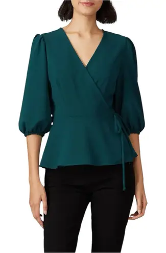 Slate + Willow Balloon Sleeve Wrap Top in Hunter Green True Wrap 3/4 Sleeves XS