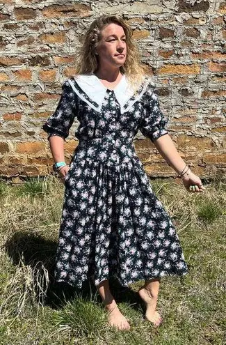 Vintage 90s Eber San Francisco Floral Bib Collar Teacher Church Modest Dress Size M