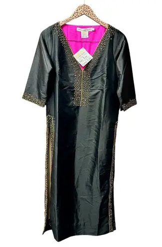 Gretchen Scott NEW Simply Chic Hand Beaded Kurta 3/4 Sleeve Midi Dress Black XS