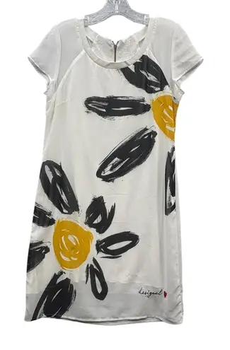 Desigual Women's White Black Yellow Daisy Print Short Sleeve Sheer Dress M