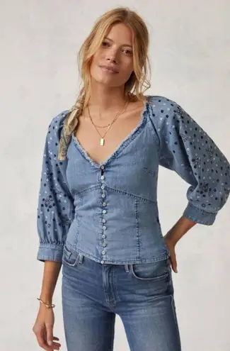 Anthropologie PILCRO  Denim Chambray Embroidered V-Neck Button Top- Size Small