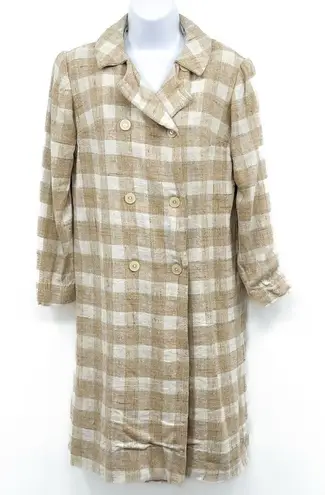 Vintage Tweed Double Breasted Plaid Gingham Jacket Coat Peacoat Trench Long Tan Size M