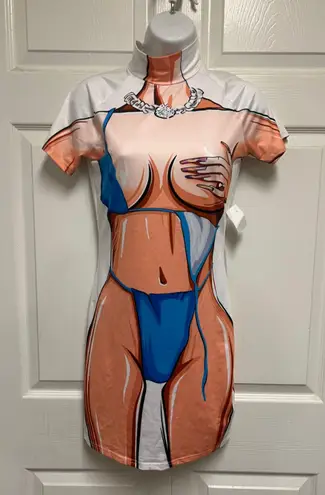 Jireh Body Art Print Turtleneck Short Sleeve Bodycon Mini Dress