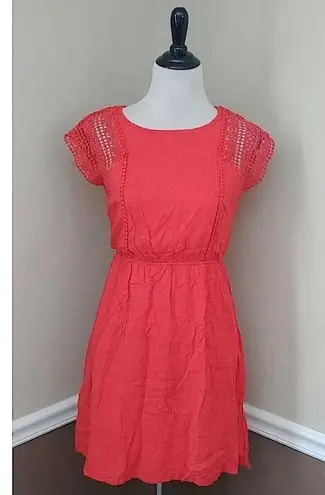 YA Los Angeles Bold Coral Red Sheer Crochet Shoulders Dress by from Modcloth