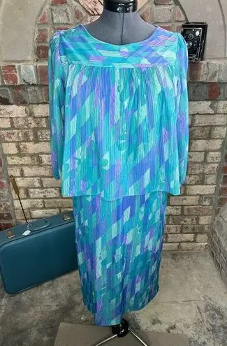 dress blouson floral vintage 1980s micro pleat top purple aqua Size M